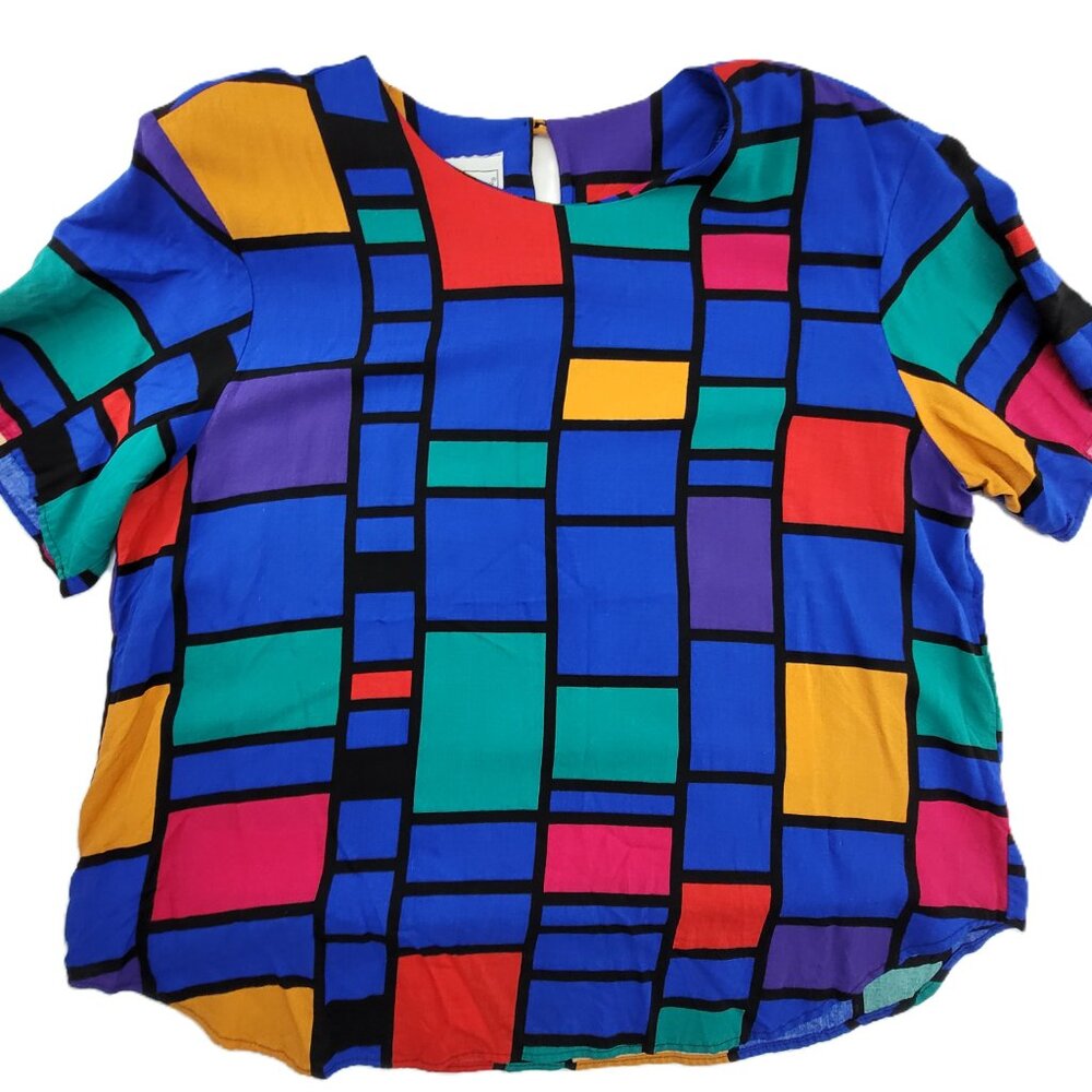 Vintage 80s Fitting Image Top Womens XL Blue Abstract Geometric Blouse